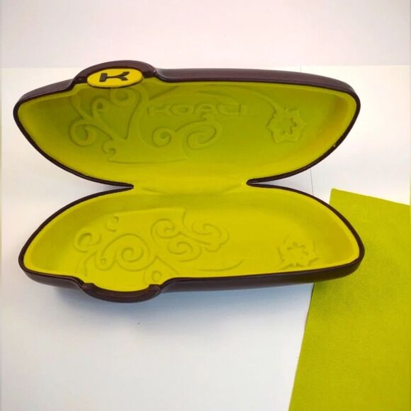 Koali Eyeglass Case Faux Brown Leather Neon Green Velvety Lining - Picture 4 of 10